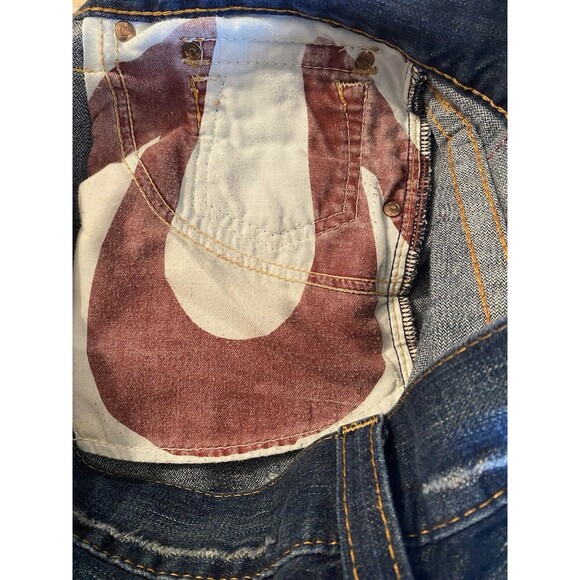 True Religion Men Denim Jeans 36 Bootcut/Flare Twisted Seams Green/Yellow Paint - Picture 12 of 13